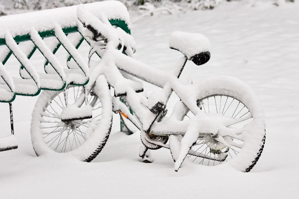 Bike in the snow at Gulf Island Secondary School.